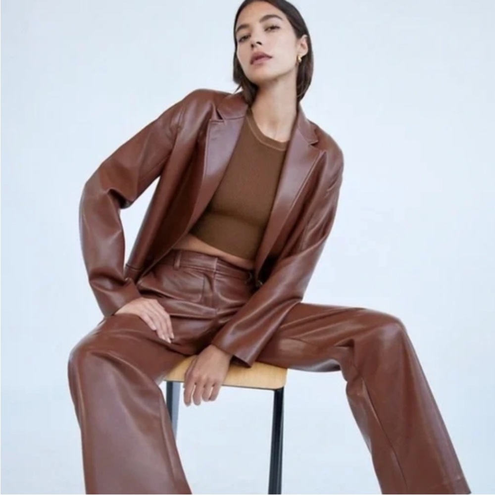 Babaton Brown Leather Blazer Classic Suit Jacket